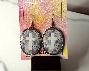Cross Print Purple Polymer Clay Earrings