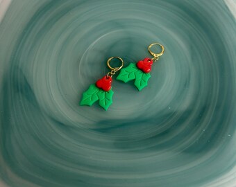 Handmade Polymer Clay Holly Huggie Earrings