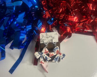 Red, White, and Blue Bow Clay Earrings