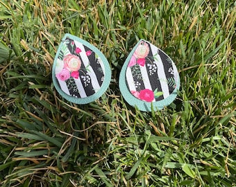 Floral Striped Faux Leather Earrings