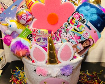 Pre- filled large unicorn gift basket forEaster/Birthday/Graduation/Summer  activity/get well