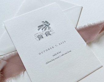 Letterpress Save the Date Sample: Beach Palm Tree Design, Simple Modern Sleek