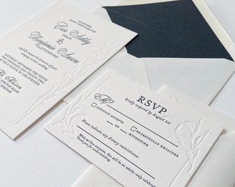 The Parker Suite. Letterpress Wedding Invitation. Blind Impression Floral Border. Bold Modern Black Letterpressed Cotton Paper. Sample Pack