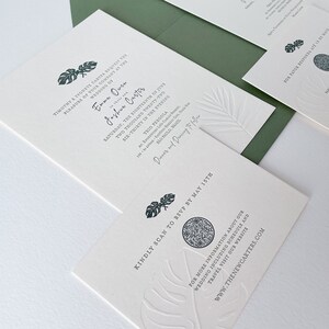 The Evans Suite. Letterpress Wedding Invitations. Custom Language Spanish. Tropical Monstera Leaf. Multilingual QR Code Letterpressed Sample