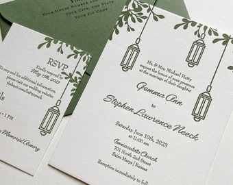 The Mayfair Suite Letterpress Wedding Invitation Sample: Garden Lanterns, Olive Green, Woods, Country, Fairy