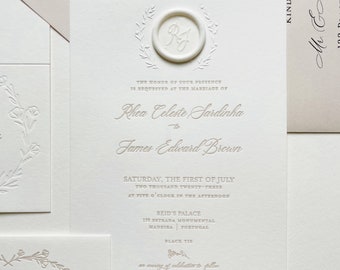 Letterpress Wedding Invitation Sample: Embossed Wreath, Wax Seal