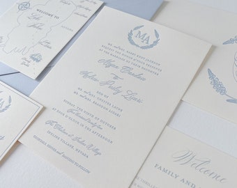 The Madison Suite. Letterpress Wedding Invitations. Custom Venue Welcome Map. Monogram Wreath. Lake Tahoe. Elegant. Cotton Paper. Samples