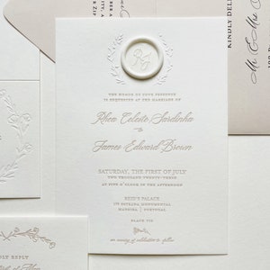 The Baudelaire Suite. Letterpress Wedding Invitation. Embossed Wreath, Simple Floral Greenery Design. Wax Seal Letterpressed Cotton Paper.