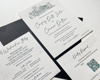 The Somerset Suite Letterpress Wedding Invitation Sample: Italy Venue Illustration, Coastal Design
