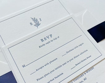 Letterpress Wedding Invitation Sample: Blue Floral Monogram, Cotton Paper, Clean, Classic, Simple, Sleek, Elegant