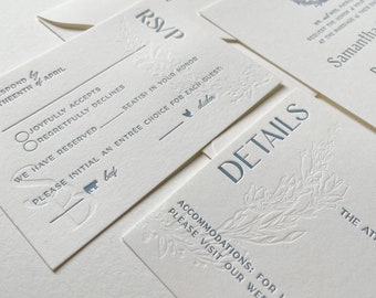 The Cavendish Suite. Letterpress Wedding Invitation. Floral Wreath, Blind Impression.  Letterpressed Cotton Paper. Samples