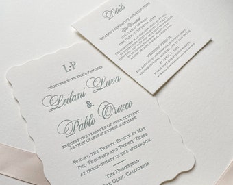 The Brighton Suite Letterpress Wedding Invitation Sample: Wavy Die Cut Cotton Paper, Classic, Elegant