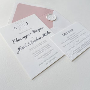 The Waldorf Suite. Letterpress Wedding Invitation. Venue Monogram. Dove Grey Dusty Rose. Letterpressed Cotton Paper.