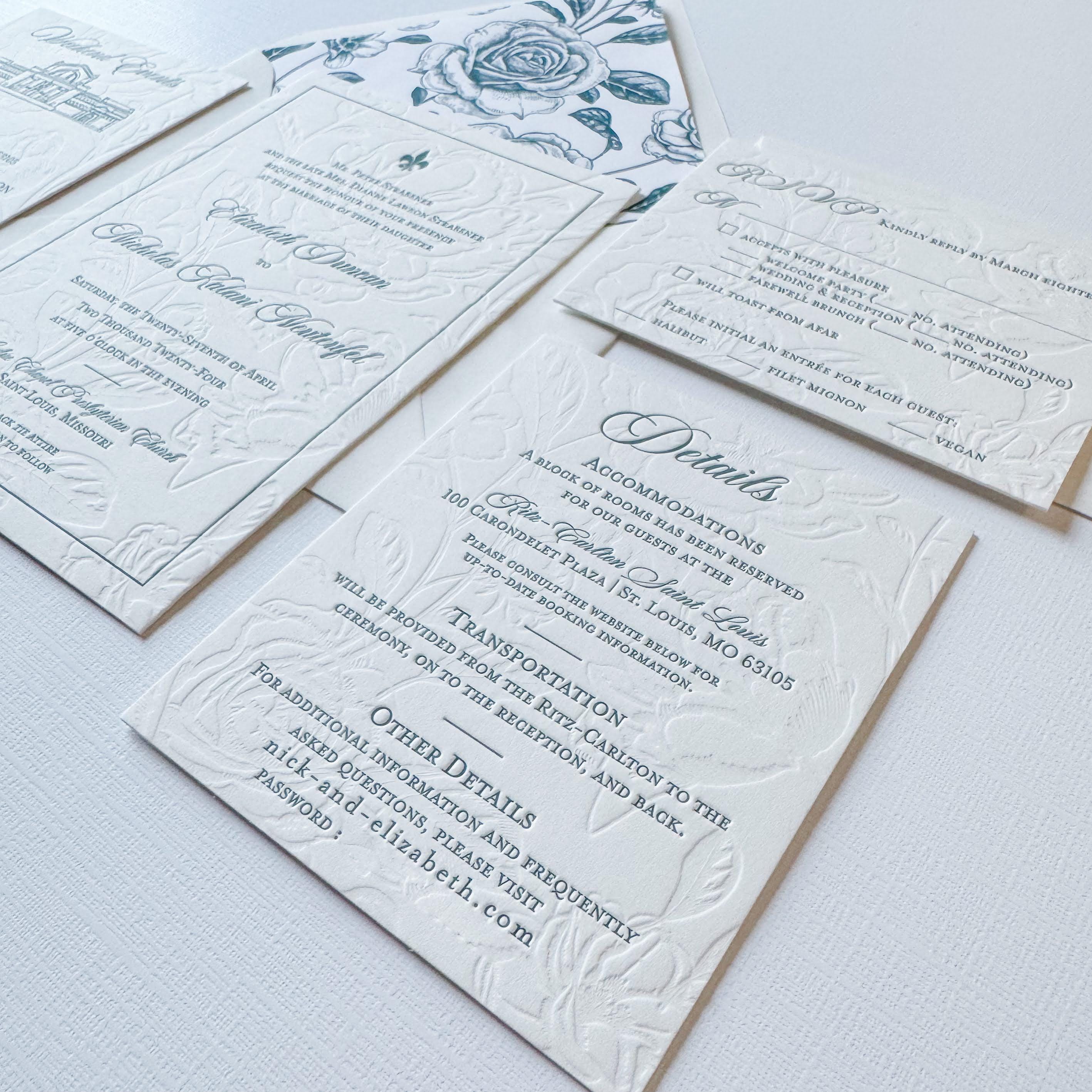 The Fitzwilliam Suite. Letterpress Wedding Invitation. Dark Forest Green. Blind Impressed Florals. Liner. Custom Cotton Paper Samples