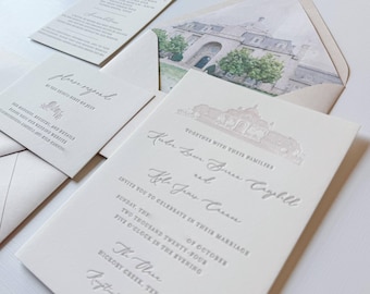 The Elliott Suite Letterpress Wedding Invitation Sample: Elegant, Timeless, Romantic, Classic, Venue Illustration, Watercolor Liner