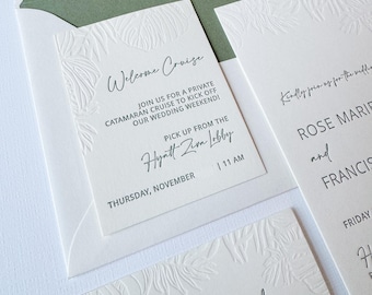 The Gryffon Suite Letterpress Wedding Invitation Sample: Olive Ink, Blind Impress Tropical Monstera Leaves