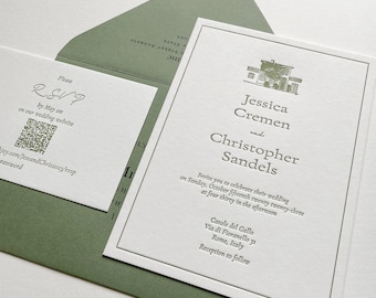 The Lennox Suite Letterpress Wedding Invitation Sample Pack: Olive Green Chateau Design, Custom Venue Illustration