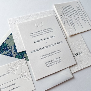 The Windsor Suite. Letterpress Wedding Invitation. William Morris Seaweed Inspired Blind Impression. Thistle Floral. Cotton Paper