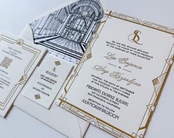 The Churchill Suite Letterpress Wedding Invitation Sample: Antique Gold Deco Venue, Custom Liner