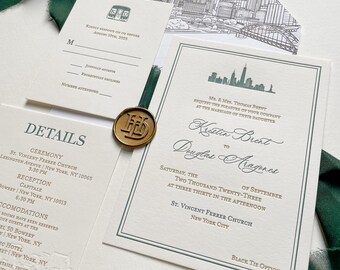 The Pembroke Suite Letterpress Wedding Invitation Sample: City Skyline Design, Custom Envelope Liner