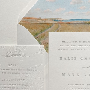 The Sterling Suite. Letterpress Wedding Invitation. Soft Gray, Blind Impression Trees, Outdoors Venue Landscape. Letterpress Paper Samples