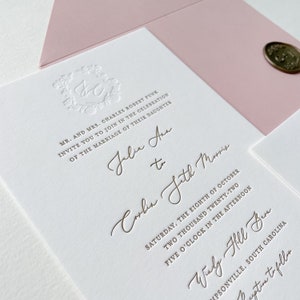 The Elliott Suite. Letterpress Wedding Invitation. Bronze Elegant Blind Impression Custom Monogram. Letterpressed Cotton Paper.
