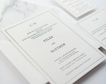 The Lancaster Suite. Letterpress Wedding Invitation. Black Line Border. Modern Letterpressed Cotton Paper. Sample Pack
