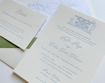 The Elizabeth Suite Letterpress Wedding Invitation Sample: Custom Venue Illustration, Classic, Powder Blue