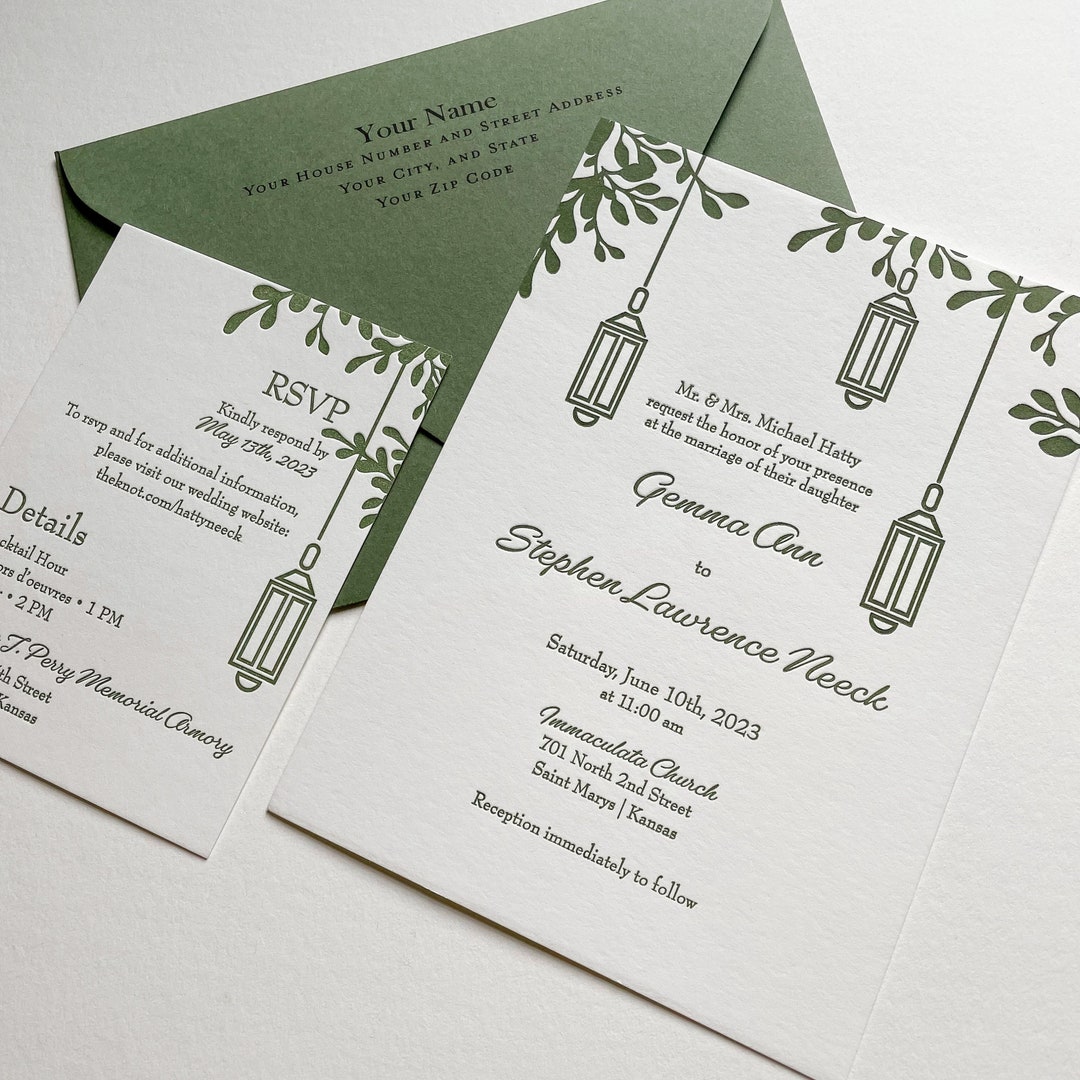 The Mayfair Suite. Letterpress Wedding Invitation. Garden Lanterns