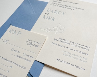 The Bristol Suite. Letterpress Wedding Invitation. Dusty Blue, Flower Design Impression. Letterpressed Cotton Paper. Samples