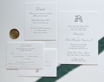 Regent Suite Letterpress Wedding Invitation Sample: Custom Monogram, Gold & Green, Elegant, Classy