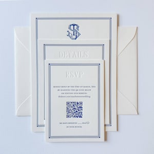 The Ascot Suite. Letterpress Wedding Invitation. Blue Border, Romantic, Blue Custom Venue Design. Letterpressed Cotton Paper Samples