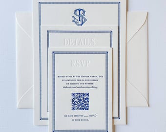 The Ascot Suite Letterpress Wedding Invitation Sample: Blue Border, Cotton Paper, Monogram
