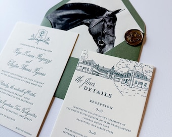 The Beaumont Suite Letterpress Wedding Invitation Sample: Forest Green, Custom Illustration, Custom Liner