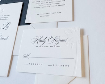 The Montague Suite Letterpress Wedding Invitation Sample: Black Ink, Palm Tree Design