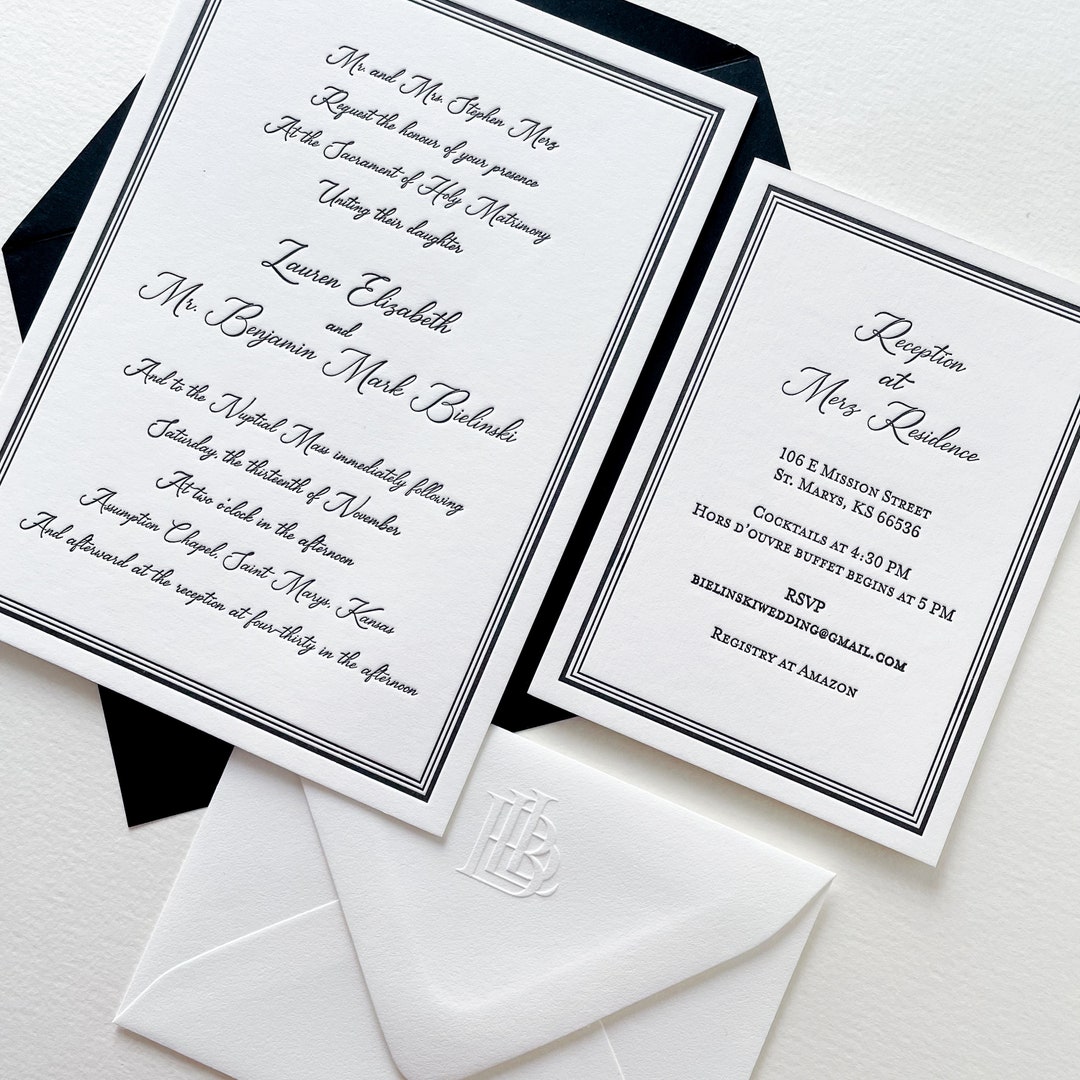 The Kensington Suite. Letterpress Wedding Invitation. Simple Elegant Modern Black Classic Line