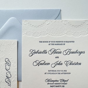 The Edwards Suite. Letterpress Wedding Invitations. Lace Border Elegant Script Font Navy Blue Classic Text Cotton Paper. Sample Pack
