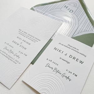 The Gibson Suite. Letterpress Wedding Invitation. Blind Impression Background. Sage Green Deco Arch Letterpressed Cotton Paper. Samples