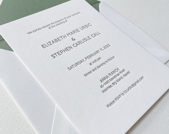 The Dawson Suite. Letterpress Wedding Invitation. Modern Minimal Olive Liner Custom. Letterpressed Cotton Paper.