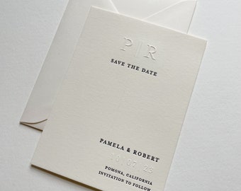 The Hamilton Suite Save the Date. Letterpress Wedding Invitation. Embossed Raised Monogram, Minimalistic Line. Letterpressed Samples