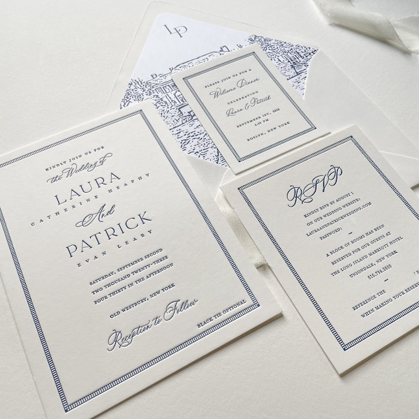 The Ascot Suite. Letterpress Wedding Invitation. Blue Border, Romantic, Blue Custom Venue Design. Letterpressed Cotton Paper.