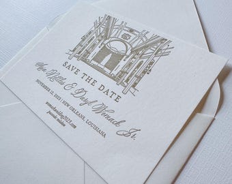 Letterpress Wedding Save the Date Sample: Antique Gold, Classic Design, Custom Venue Illustration
