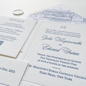 The Grantham Suite. Letterpress Wedding Invitation. Elegant, Romantic, Blue Custom Venue Design. Letterpressed Cotton Paper.