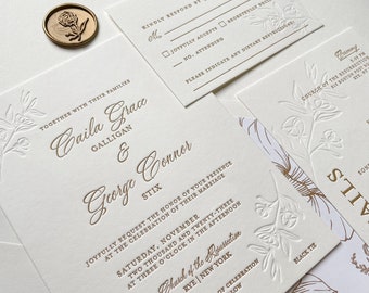 Sheffield Suite Letterpress Wedding Invitation Sample: Antique Gold, Floral Liner, Blind Impression