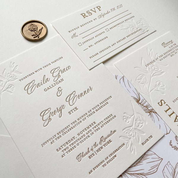 The Sheffield Suite. Letterpress Wedding Invitation. Antique Gold, Floral Envelope Liner, Blind Impression Design Letterpressed Cotton Paper
