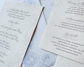 The Sinclair Suite Letterpress Wedding Invitation Sample: Antique Gold, Vellum Wrap, Floral Roses Border