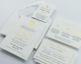 Letterpress Wedding Invitation Sample: Gold Foil, Black Ink, Cotton Paper