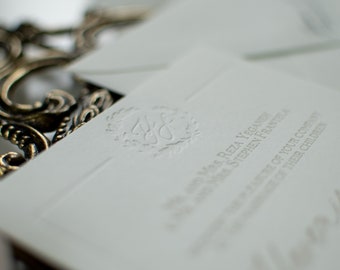 The Everly Suite. Letterpress Wedding Invitation. Elegant Subtle Wreath Monogram. Script Blind Impression Invite. White Cotton Paper. Sample