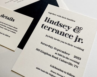 Letterpress Wedding Invitation Sample: Black and White Bold Design, Modern