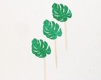 Monstera Split Leaf Cupcake Toppers-Bachelorette-Birthday-Table-Decoration-Fiesta-Summer-Party-Tropical-Palm Springs-Moana-Jungle-Luau-Palm